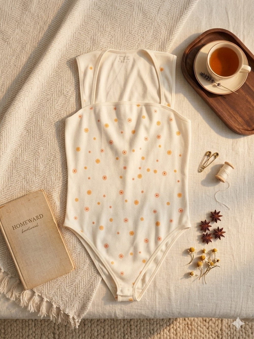 OQQ daisy print bodysuit features a square neckline, ribbed texture.